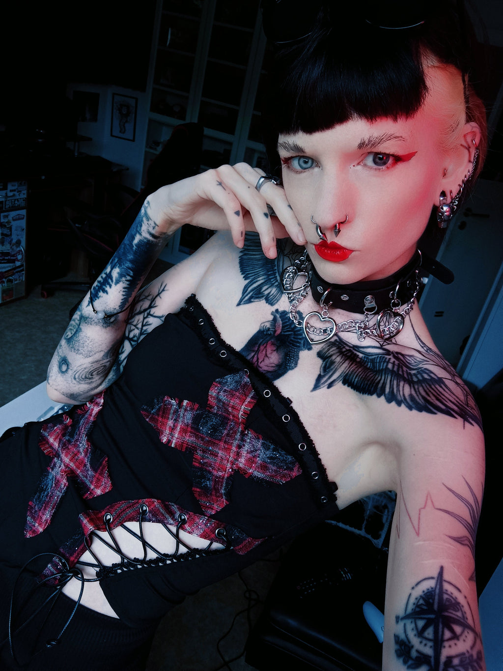 Dark in Love Punk Black and Tartan Cross Strap Nevida Top
