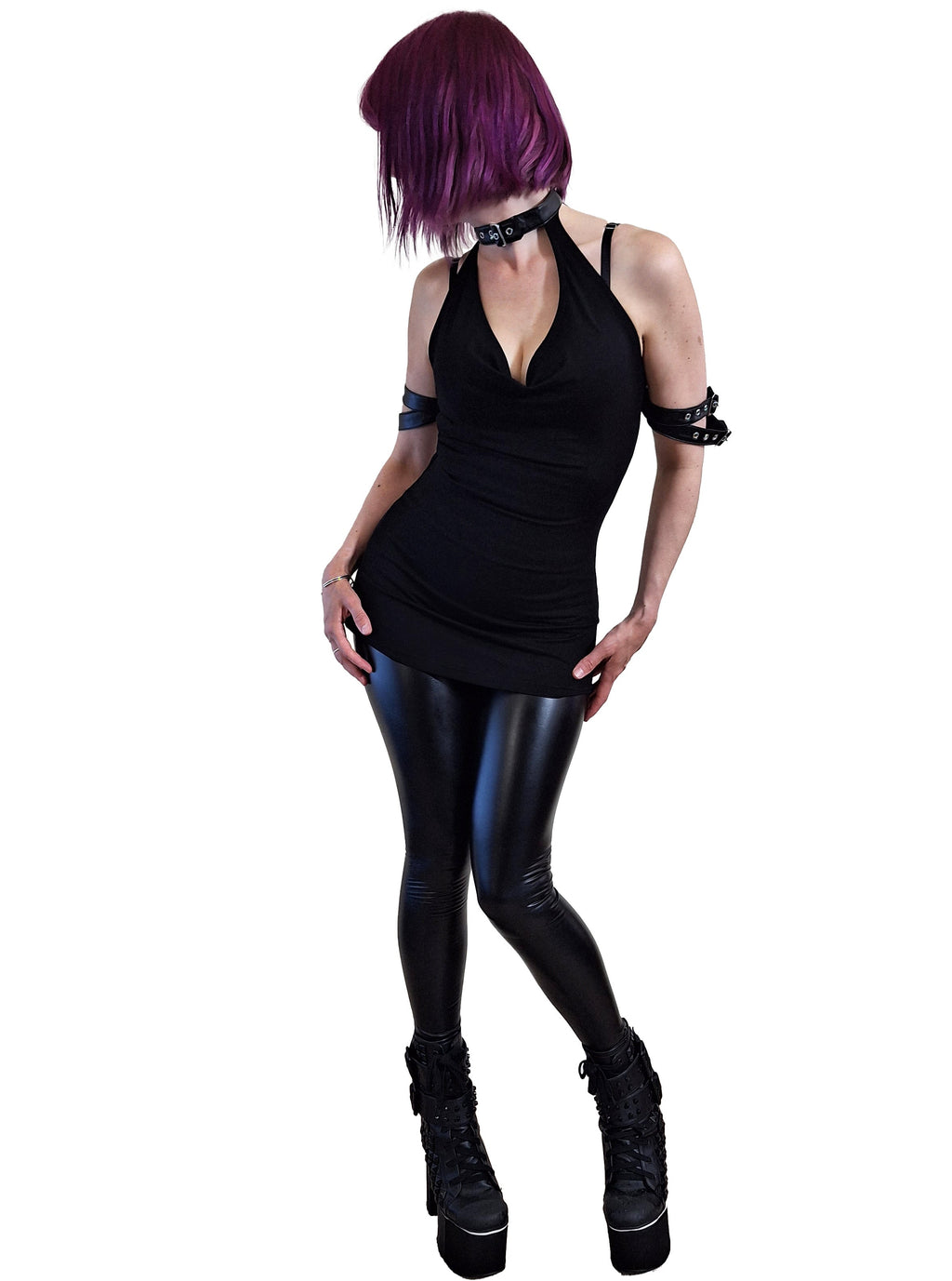 Necessary Evil Aphrodite Plunge Cowl Neck Top - Faux Leather Gothic Going Out Top