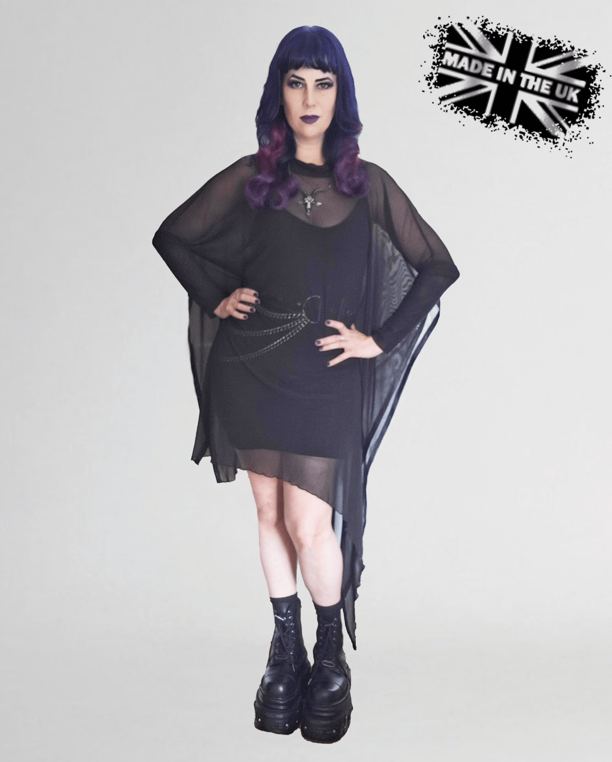 Necessary Evil Anahita Gothic Mesh Layer Dress - Sheer Black with Faux Leather Trim