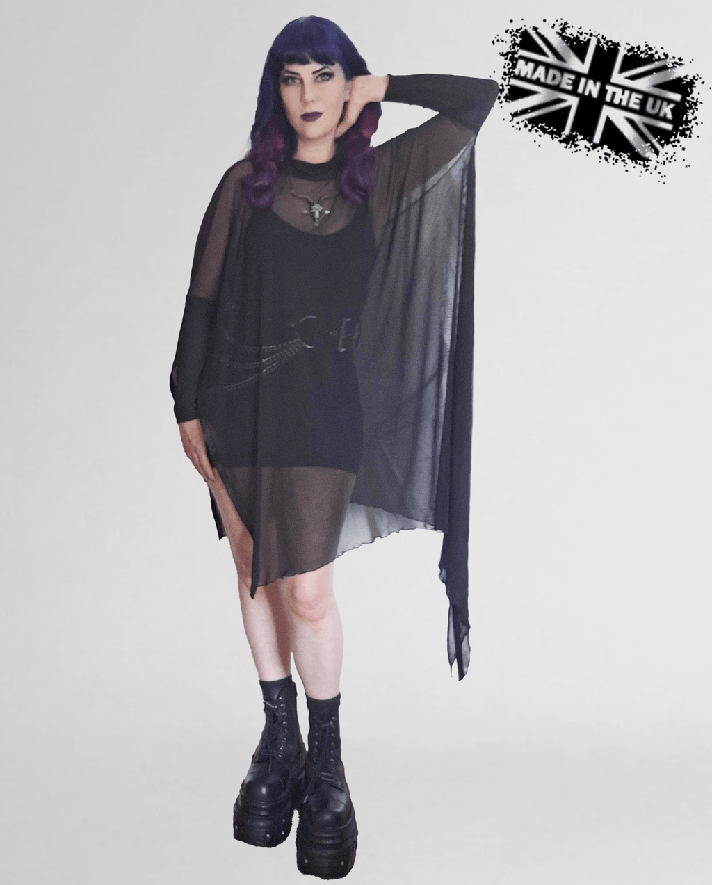 Necessary Evil Anahita Gothic Mesh Layer Dress - Sheer Black with Faux Leather Trim