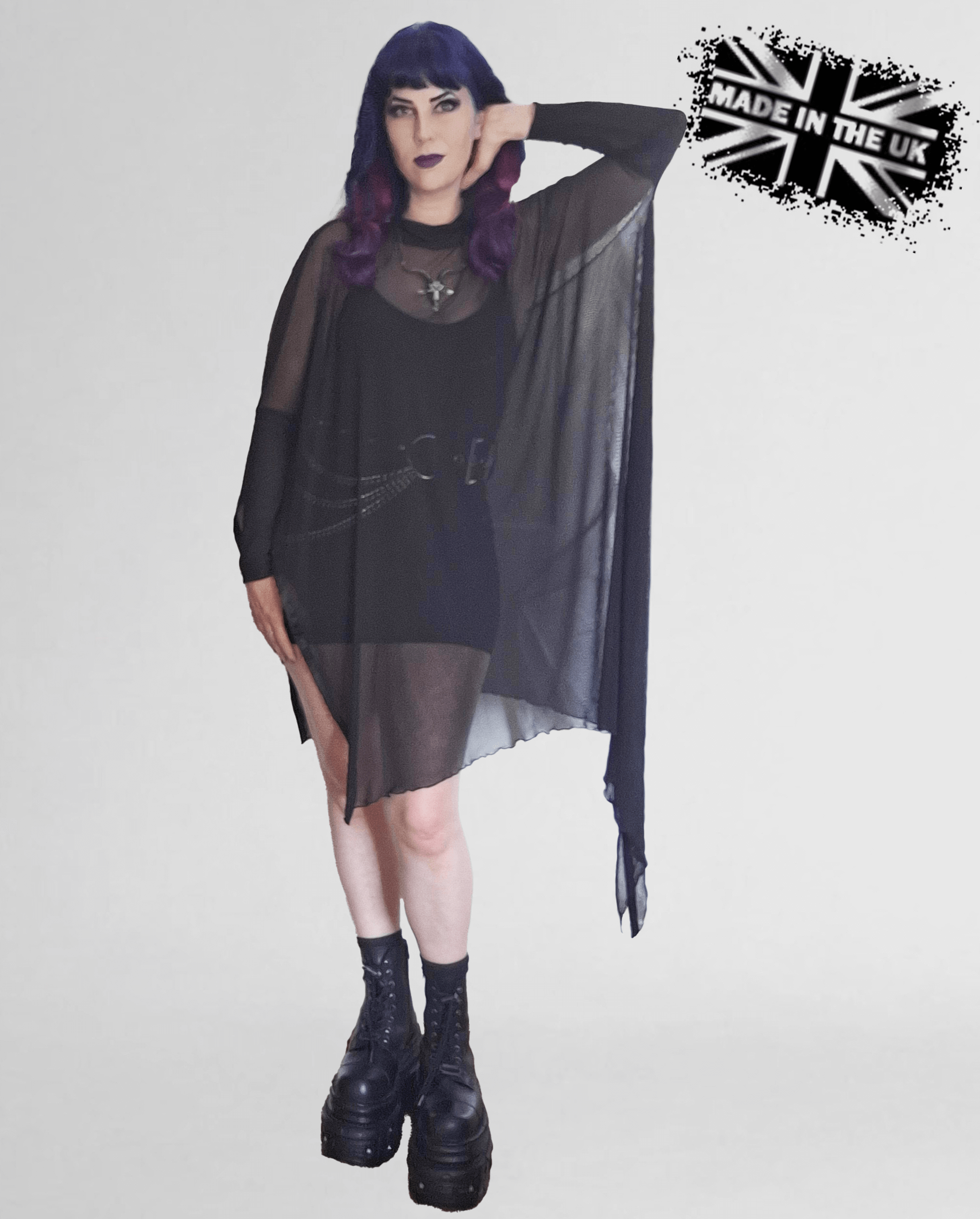 Necessary Evil Anahita Gothic Mesh Layer Dress - Sheer Black with Faux Leather Trim
