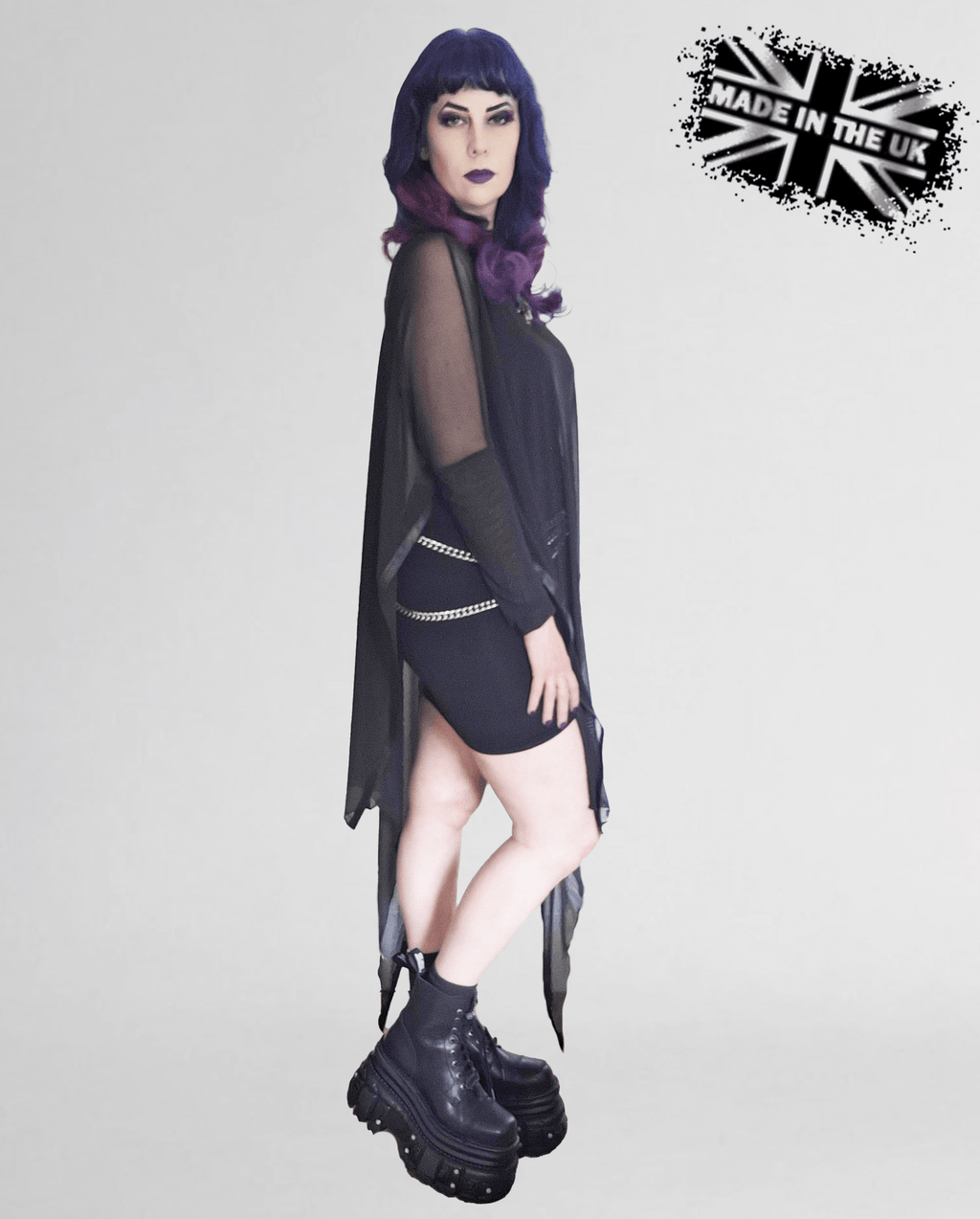 Necessary Evil Anahita Gothic Mesh Layer Dress - Sheer Black with Faux Leather Trim