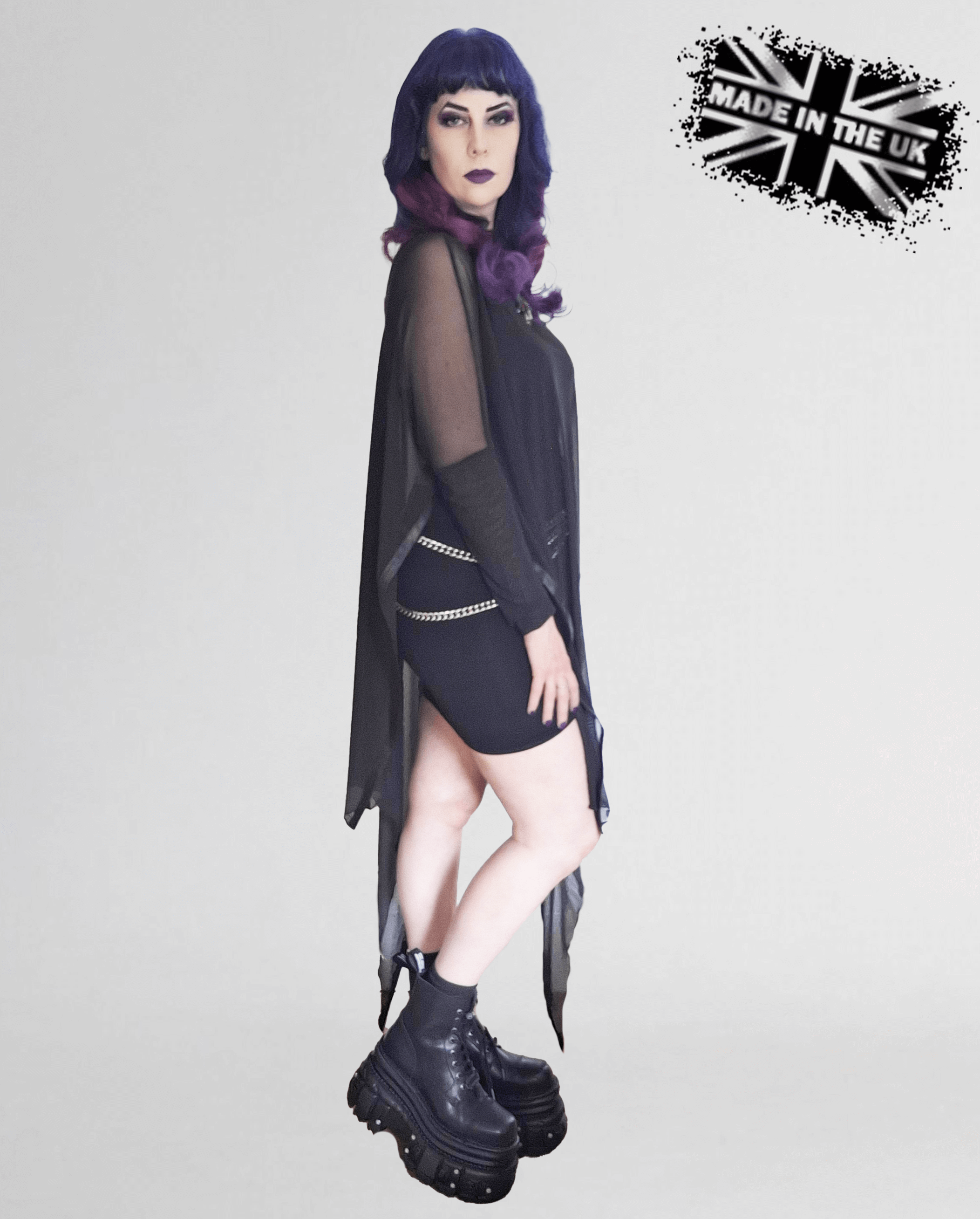 Necessary Evil Anahita Gothic Mesh Layer Dress - Sheer Black with Faux Leather Trim