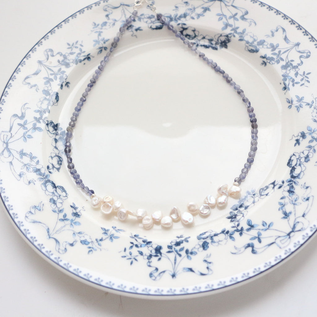 Jekira Chinese-Inspired Blue Gemstone & Petal Pearl Necklace Set