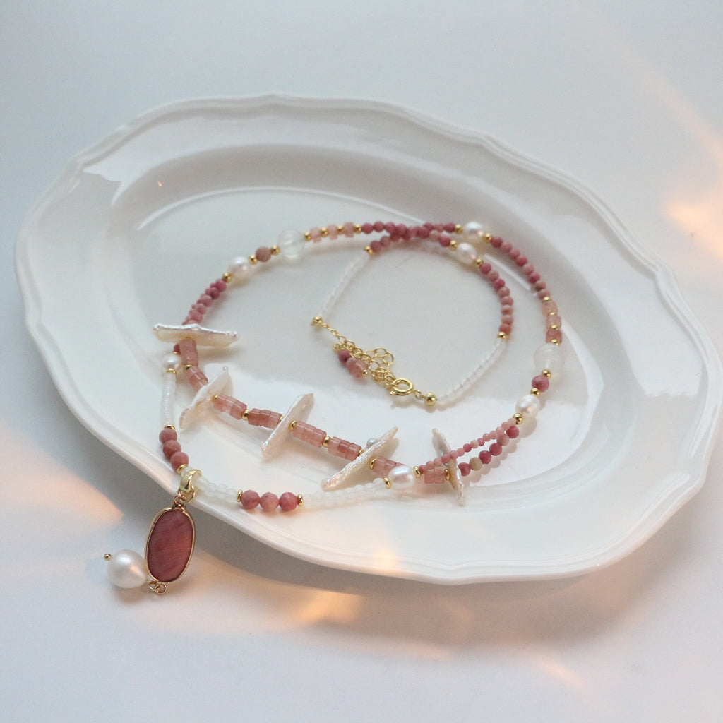 Jekira Vintage Double-Strand Rhodochrosite Pendant Necklace – Baroque Pearl & Crystal Romance