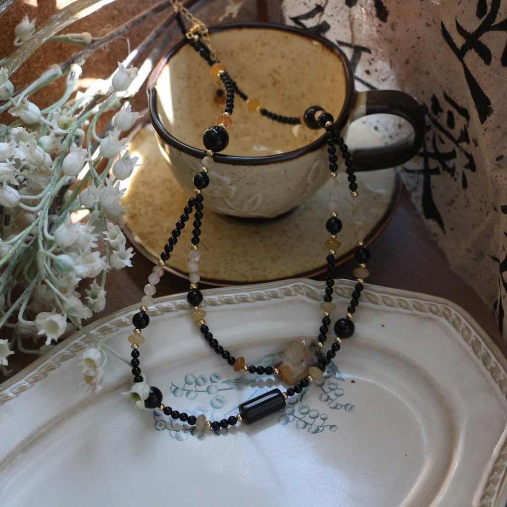 7A Grade Black Agate Double-Layer Beaded Necklace