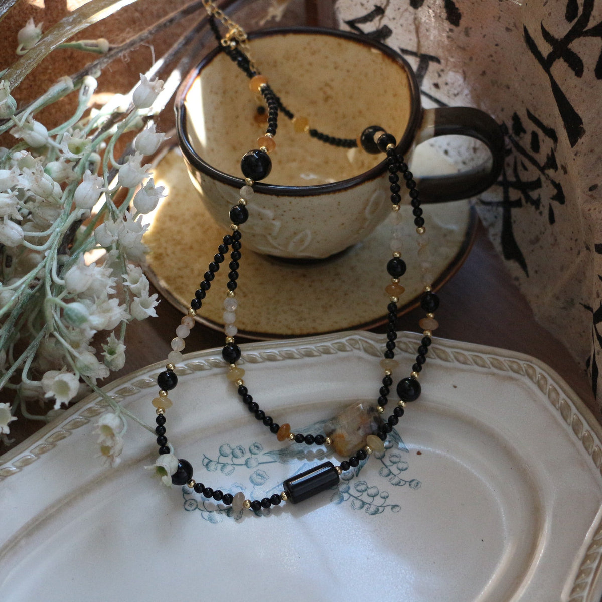 7A Grade Black Agate Double-Layer Beaded Necklace