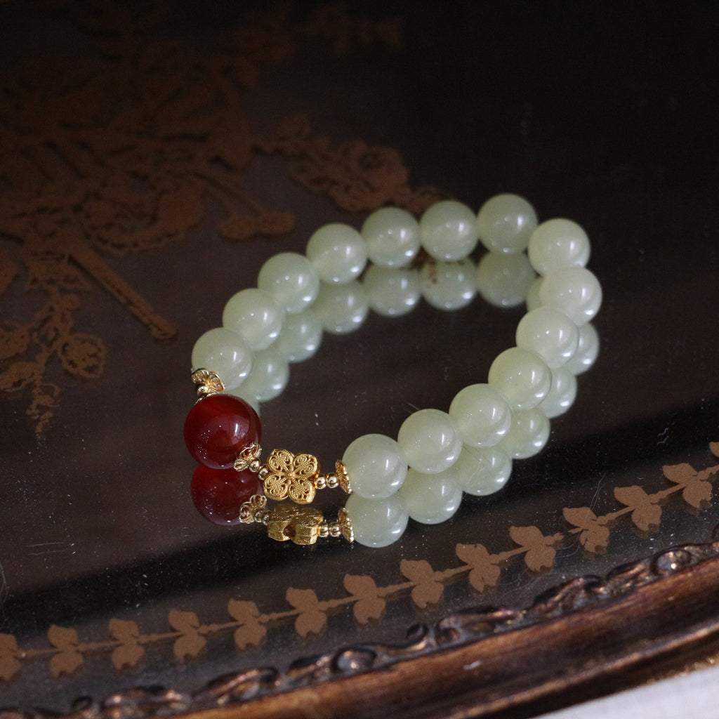 Jekira Green Gemstone & Red Agate Bracelet Duo – 15cm & 16cm Hand Sizes, 18K Gold Plated