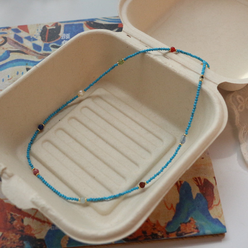 Jekira Multigem Turquoise & Pearl Adjustable Necklace – Minimalist Summer Jewelry