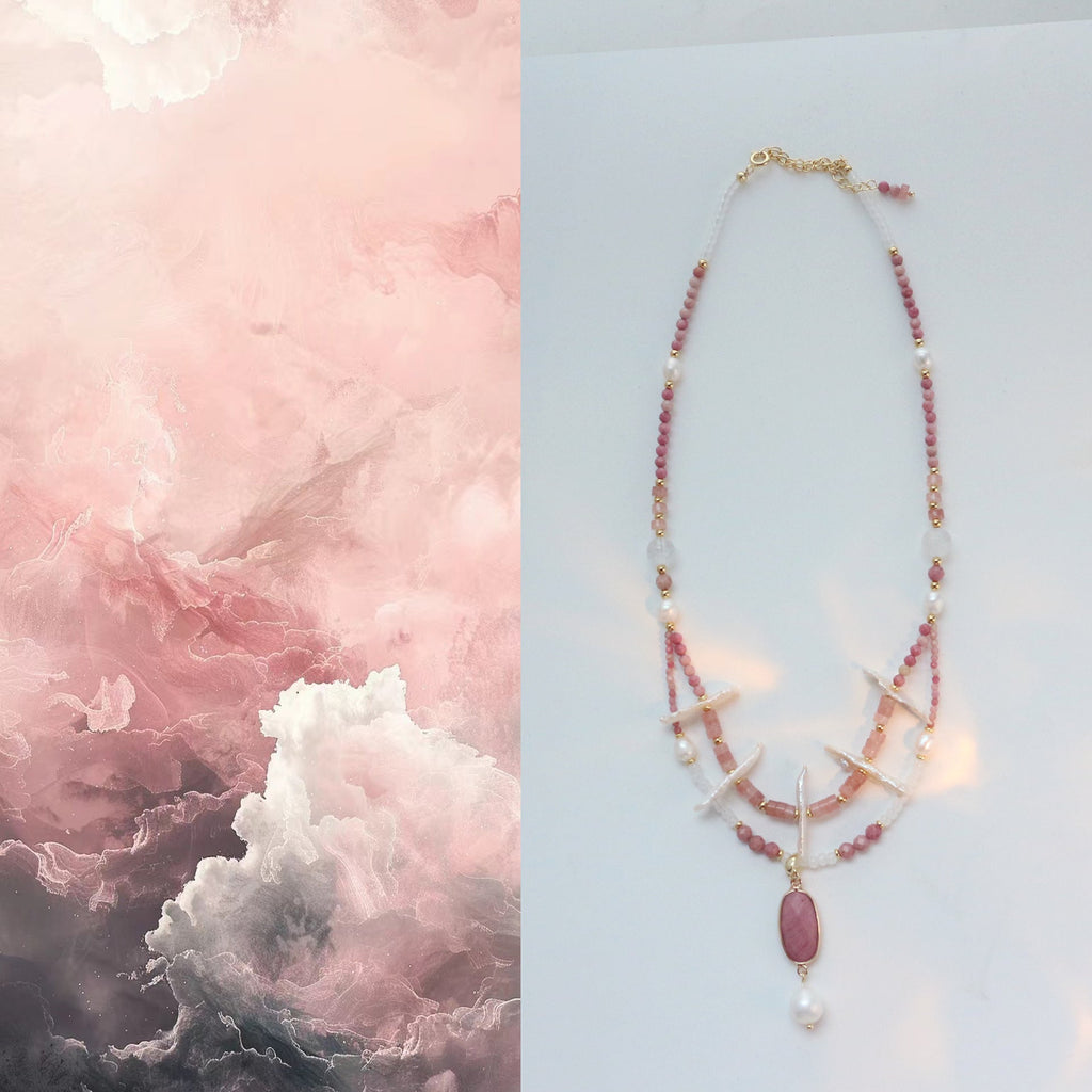 Jekira Vintage Double-Strand Rhodochrosite Pendant Necklace – Baroque Pearl & Crystal Romance