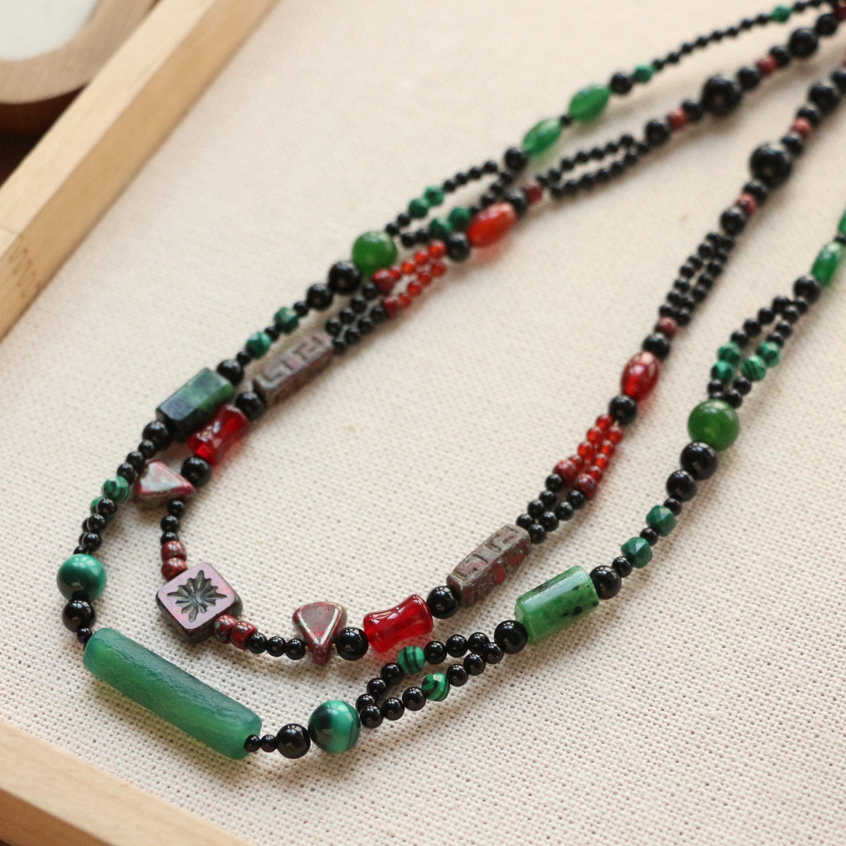 Jekira Black & Green Agate Necklace and Red & Black Agate Bead Necklace
