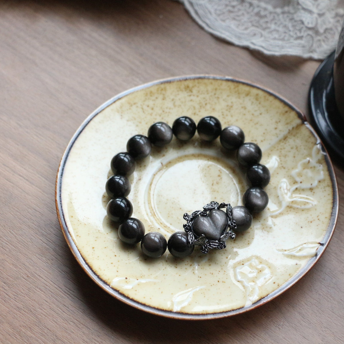 Jekira Obsidian Bracelet with Black Heart & Rose Detail