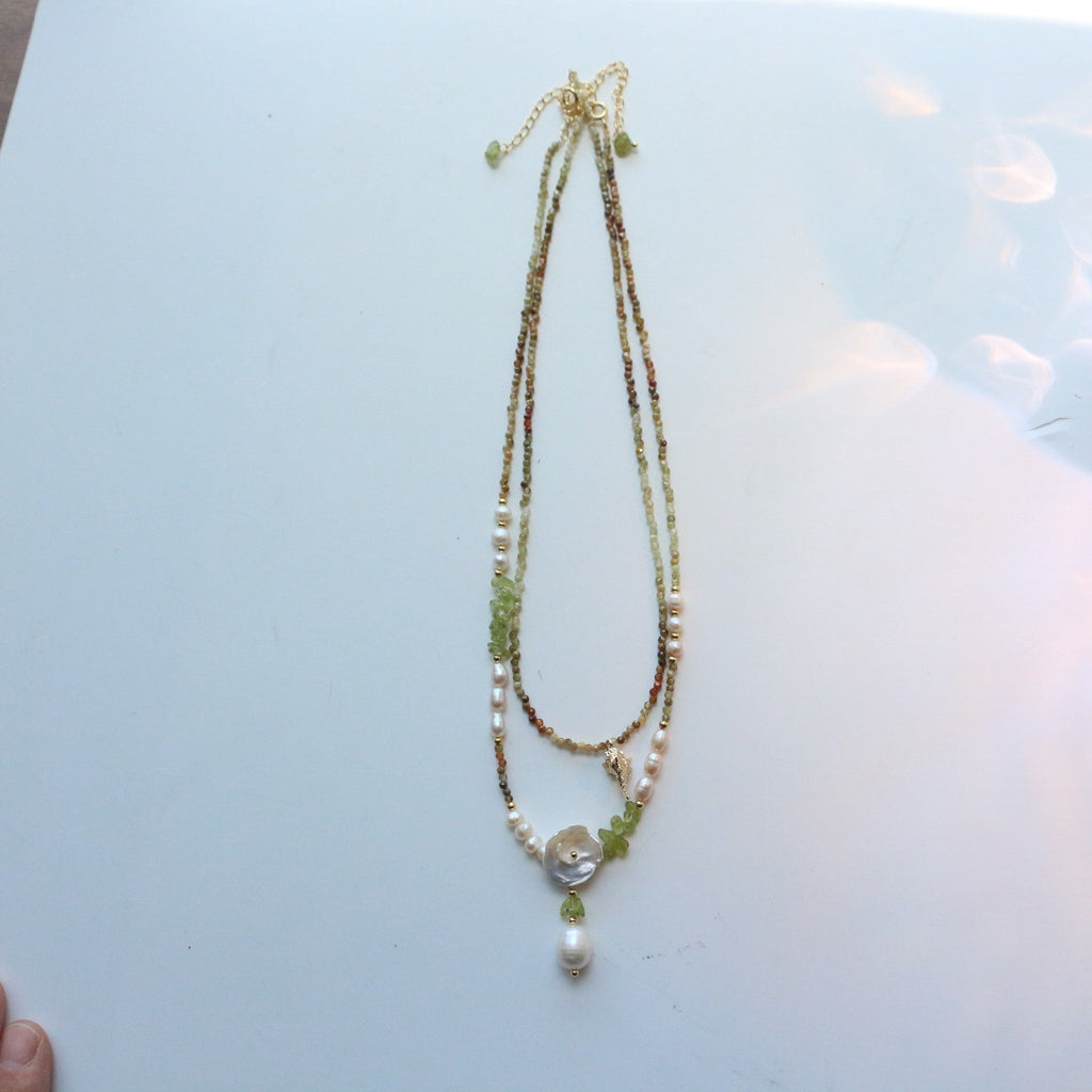Jekira Green Gemstone & Baroque Pearl Jewelry Set (Necklace+Earrings)