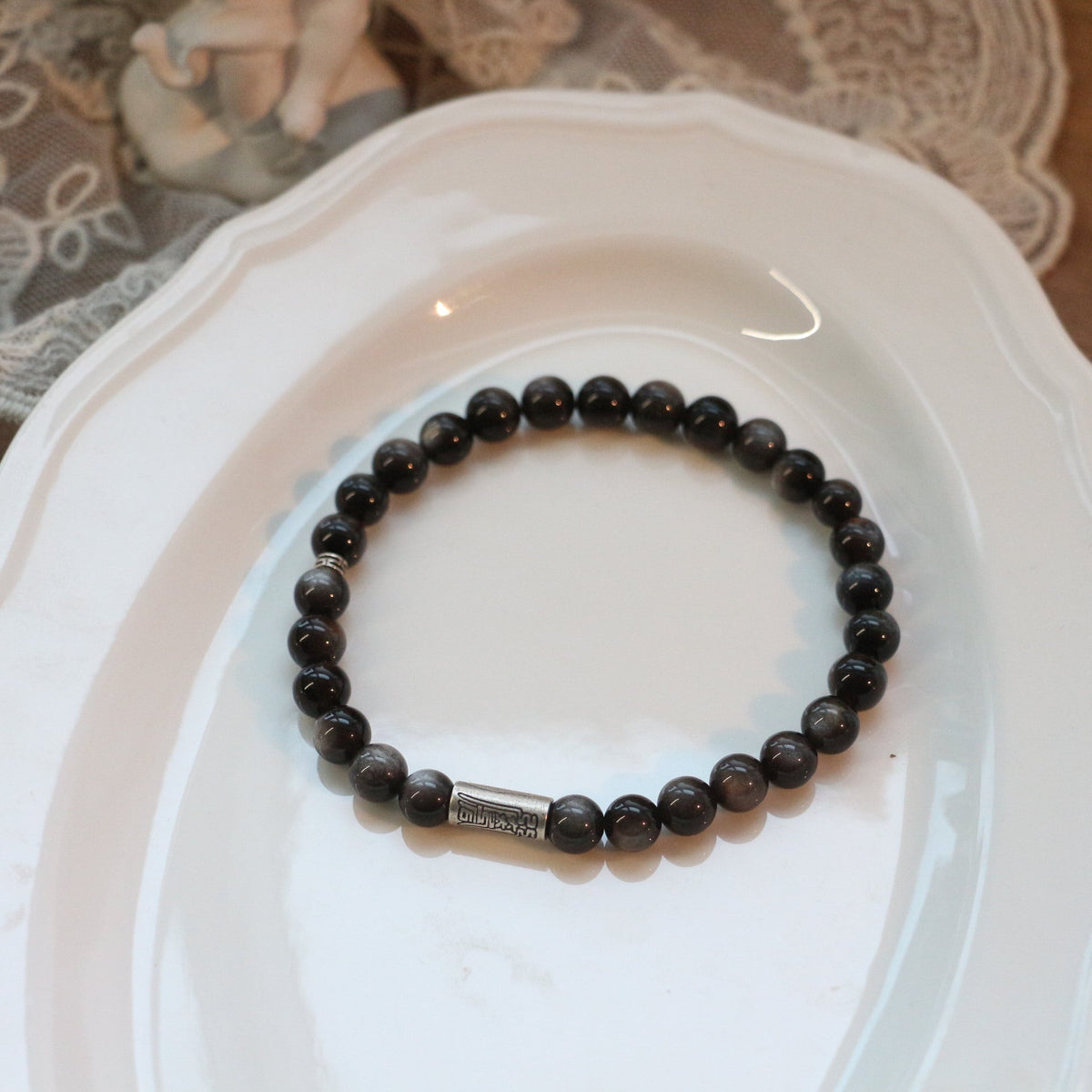 JEKIRA Minimalist Obsidian & Cat Charm Bracelet Set