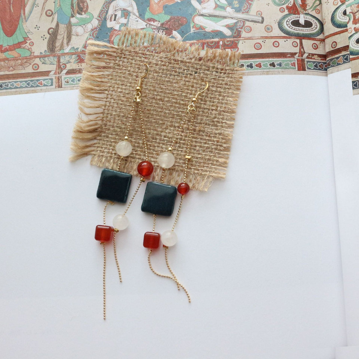Jekira Long Tassel Earrings with Blue Gemstone, Red Agate & White Jade