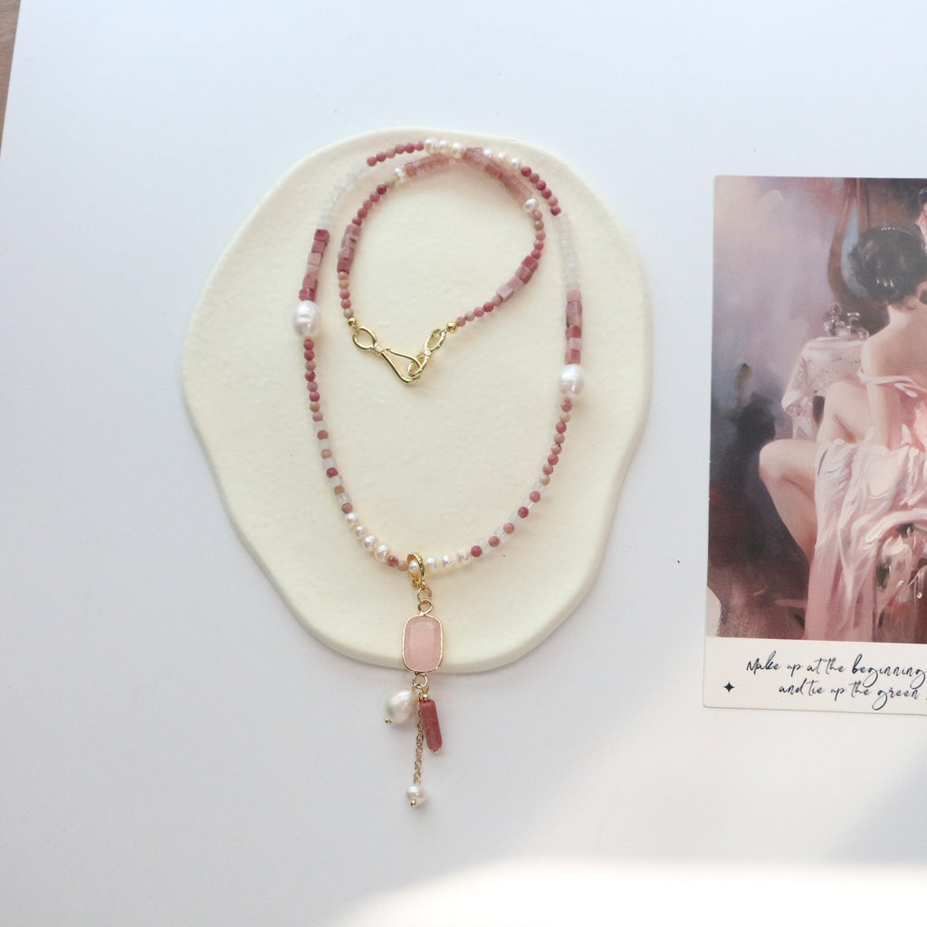 Jekira Rhodonite & Rose Quartz Healing Set (47cm Necklace + 925 Silver Earrings)