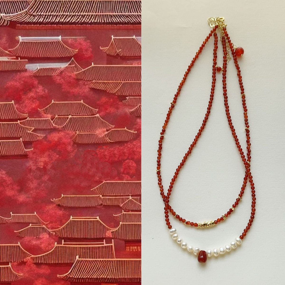 Jekira Red Agate & Baroque Pearl Necklace Set