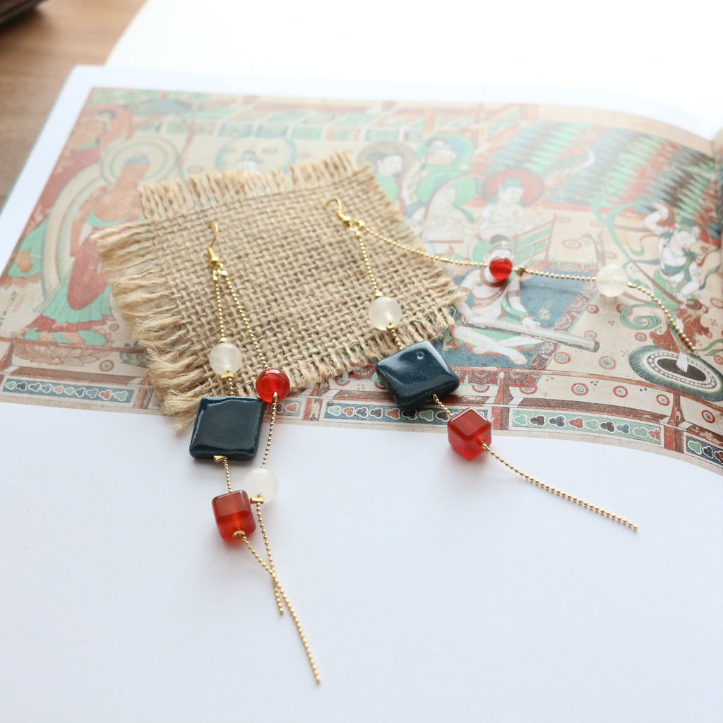 Jekira Long Tassel Earrings with Blue Gemstone, Red Agate & White Jade