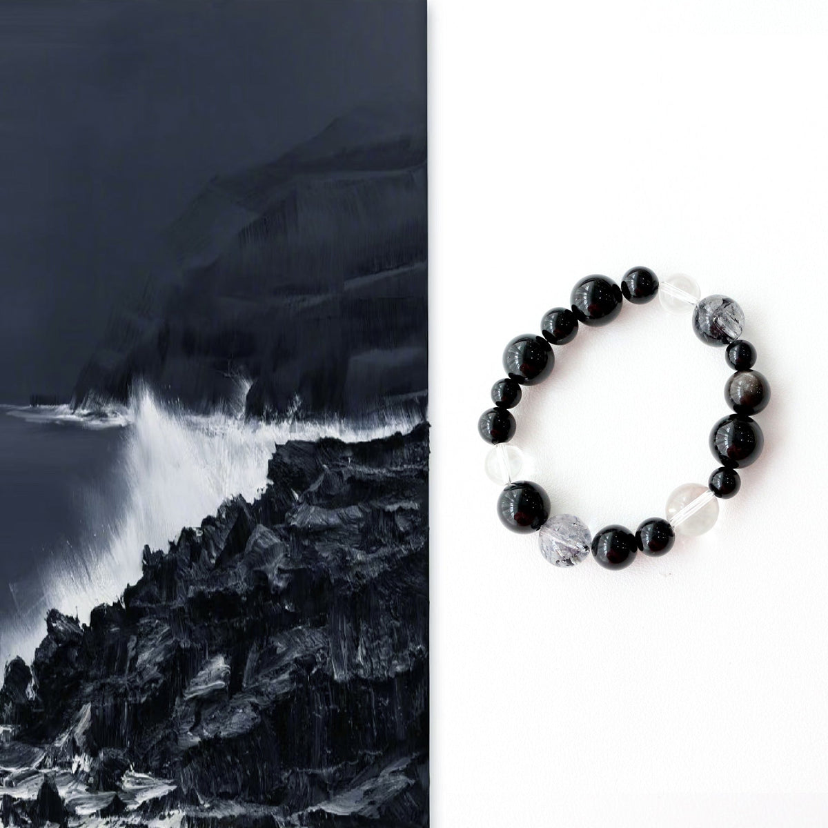 Jekira Black Onyx & White Crystal Beaded Bracelet