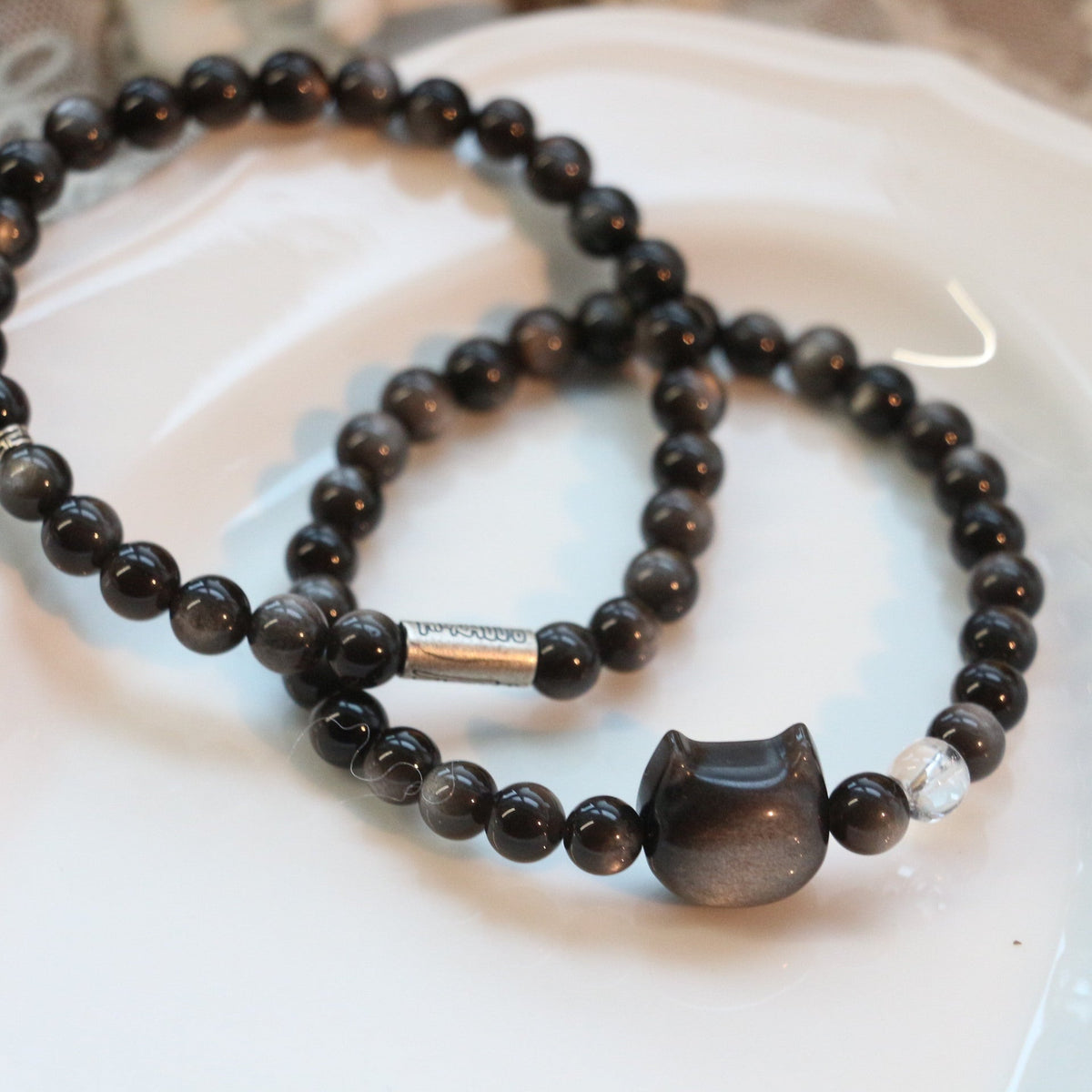JEKIRA Minimalist Obsidian & Cat Charm Bracelet Set