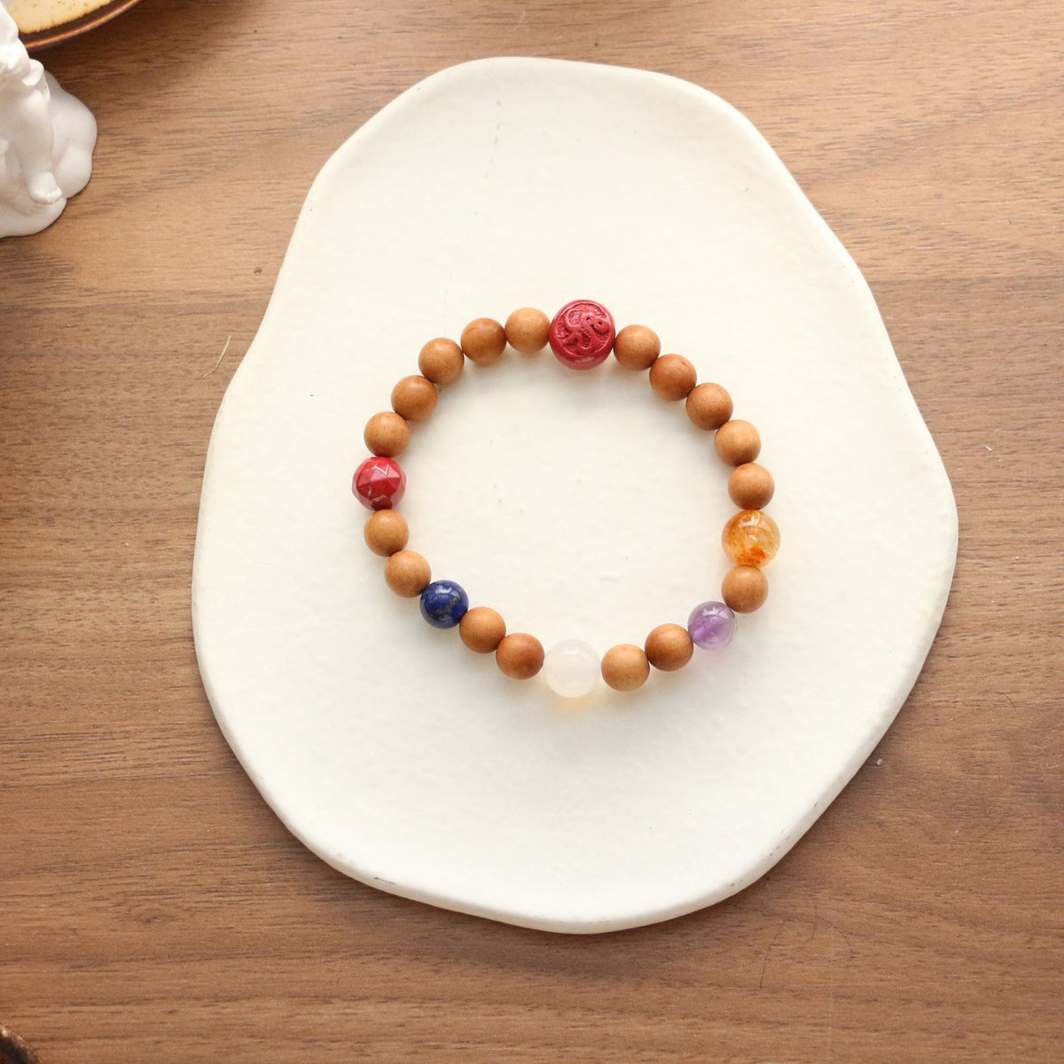 Jekira Chakra Balancing Bracelet: Sandalwood & Multi-Crystal with Royal Cinnabar