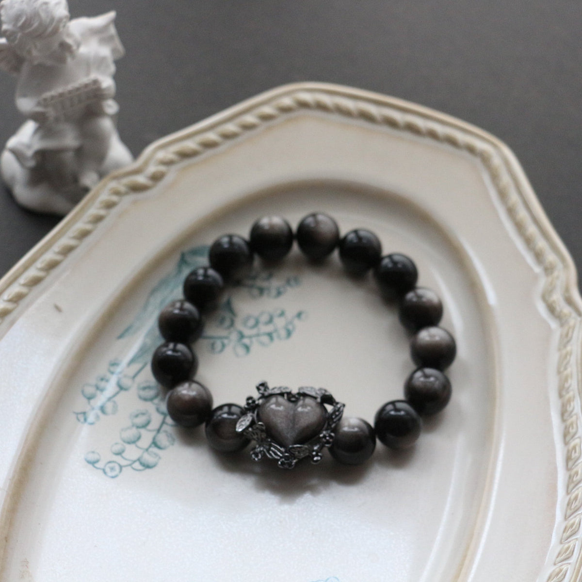 Jekira Obsidian Bracelet with Black Heart & Rose Detail