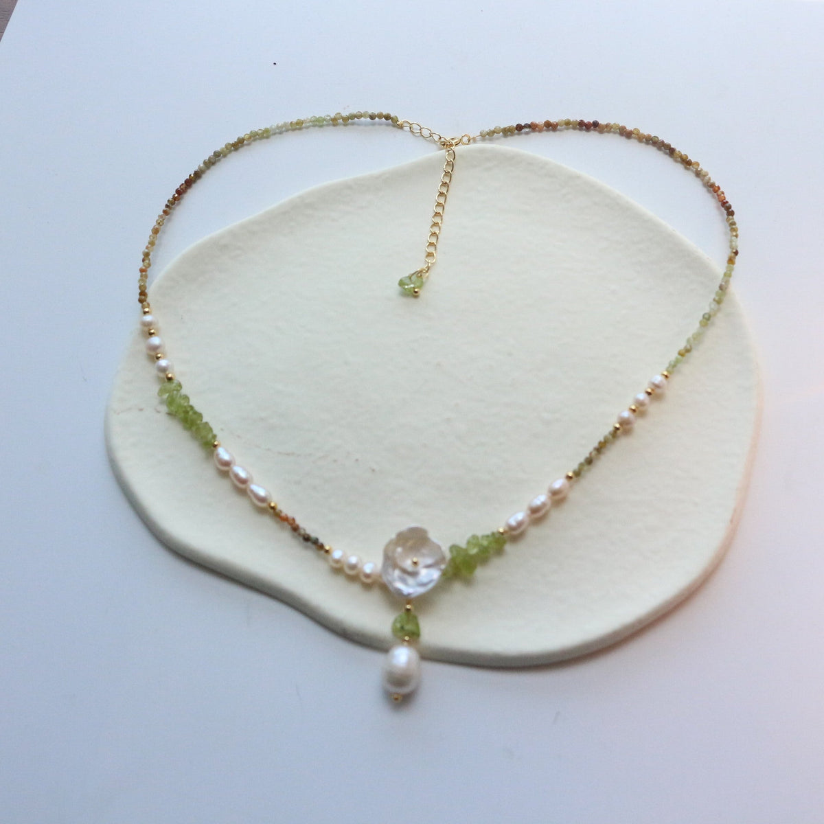 Jekira Green Gemstone & Baroque Pearl Jewelry Set (Necklace+Earrings)