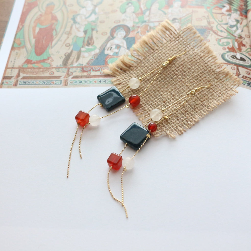 Jekira Long Tassel Earrings with Blue Gemstone, Red Agate & White Jade