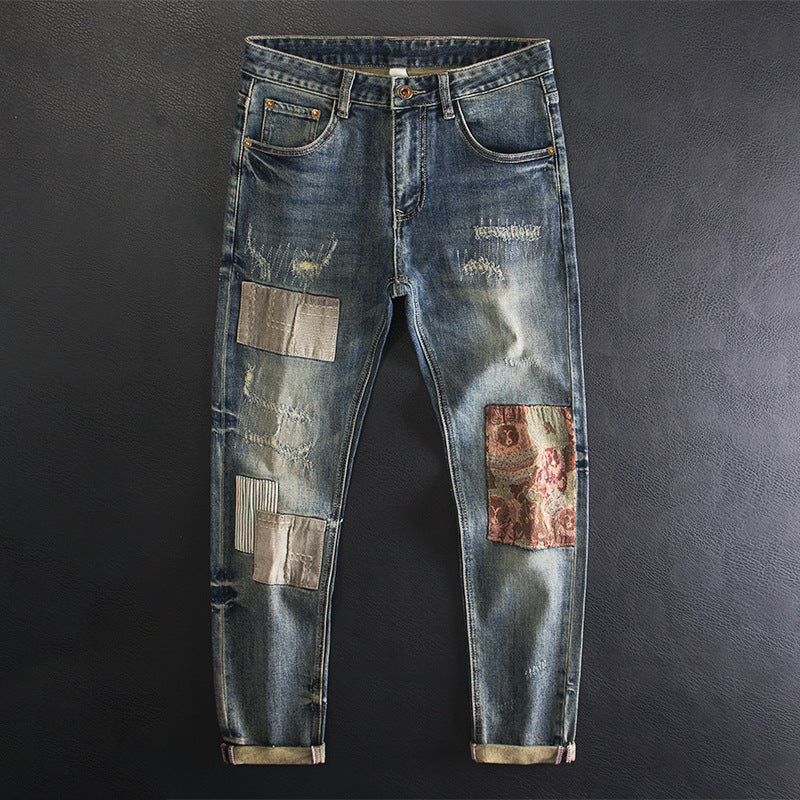 Men's Contrast Color Patch Hole Slim-fit Pants