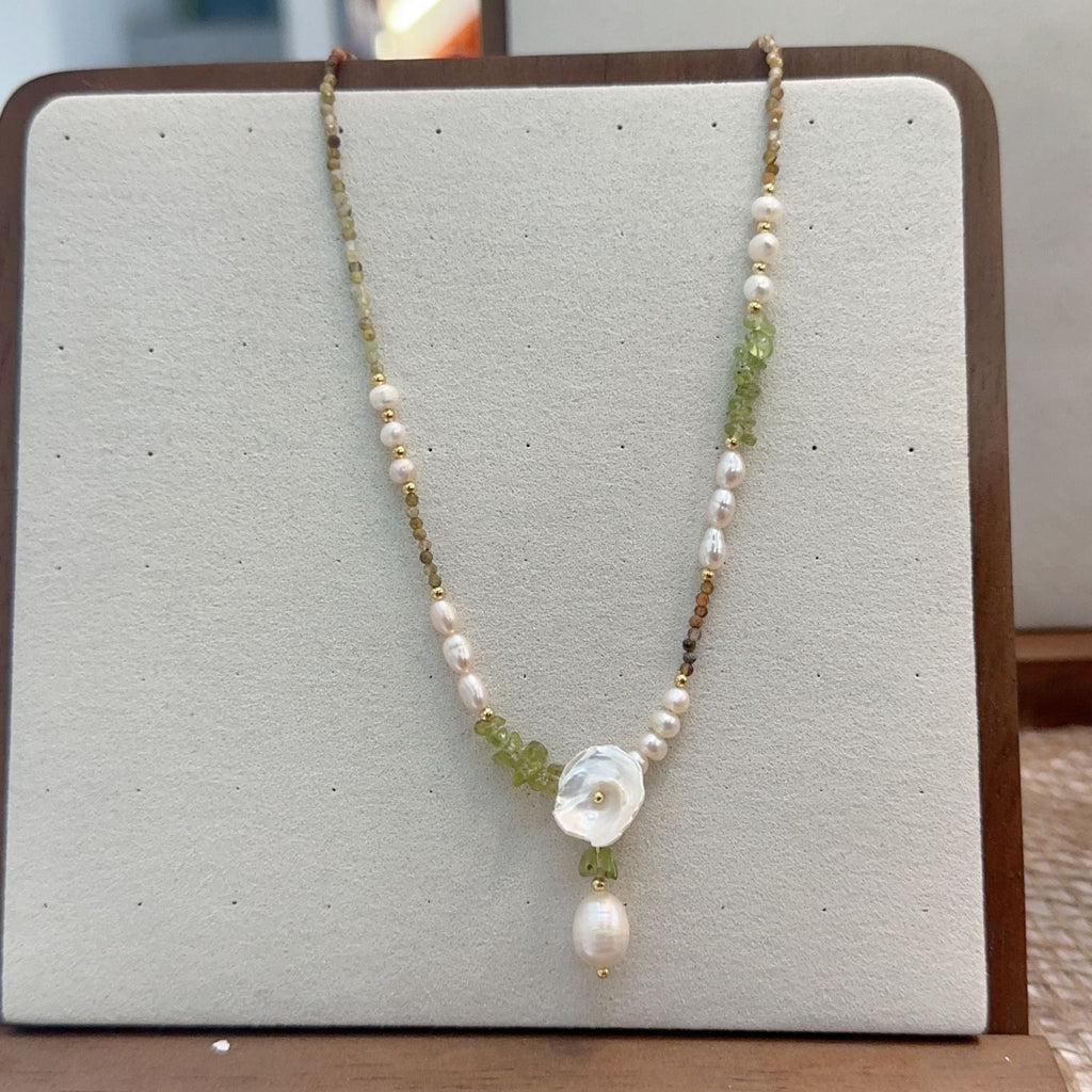 Jekira Green Gemstone & Baroque Pearl Jewelry Set (Necklace+Earrings)