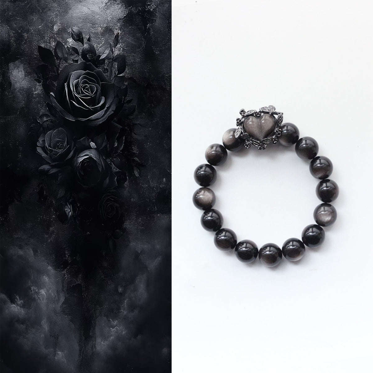 Jekira Obsidian Bracelet with Black Heart & Rose Detail