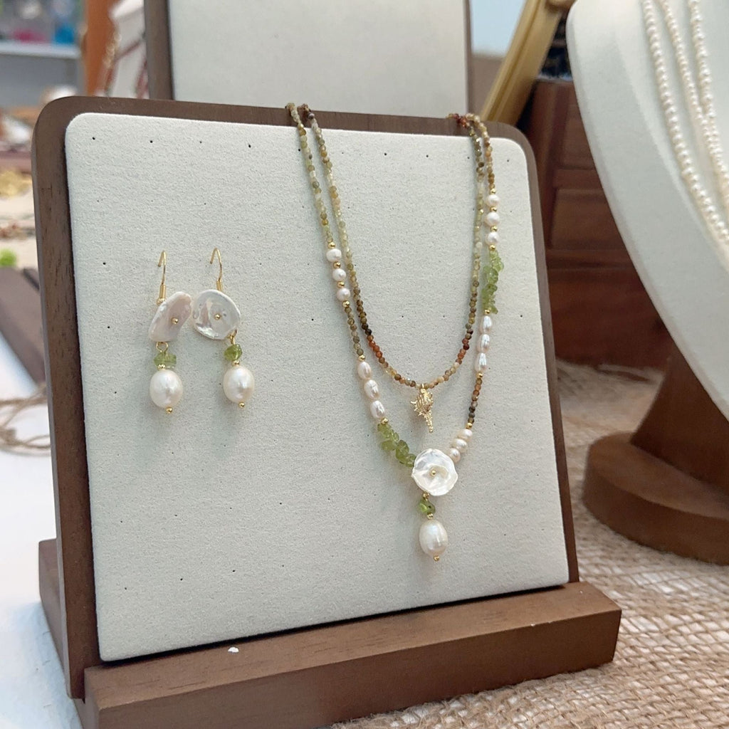 Jekira Green Gemstone & Baroque Pearl Jewelry Set (Necklace+Earrings)