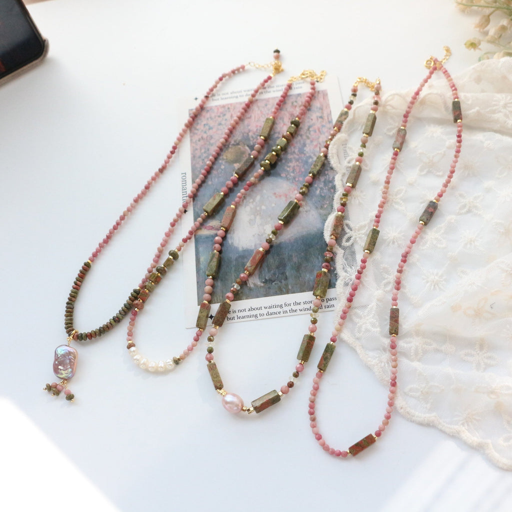 Jekira Rhodochrosite & Baroque Pearl Necklace Set