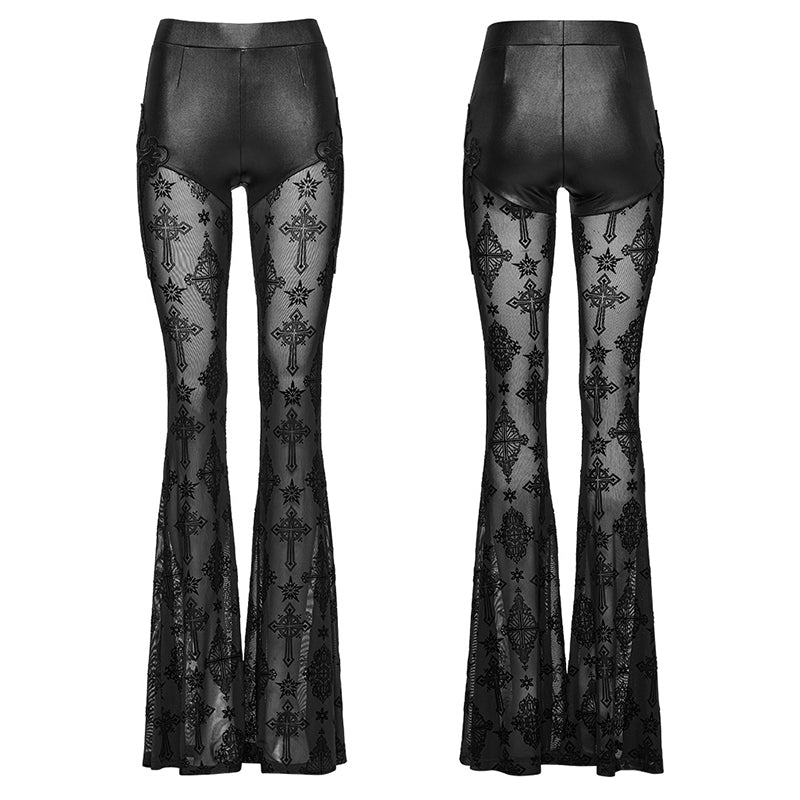 Punk Rave Seraphina Gothic Lace Flares - Cross Flocking Mesh Leggings