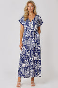 Royal Blue Tropical Print Tie Waist Maxi Dress