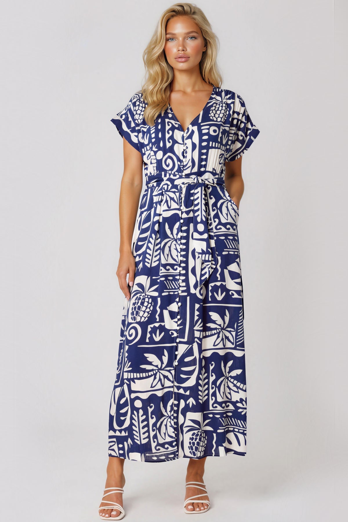 Royal Blue Tropical Print Tie Waist Maxi Dress