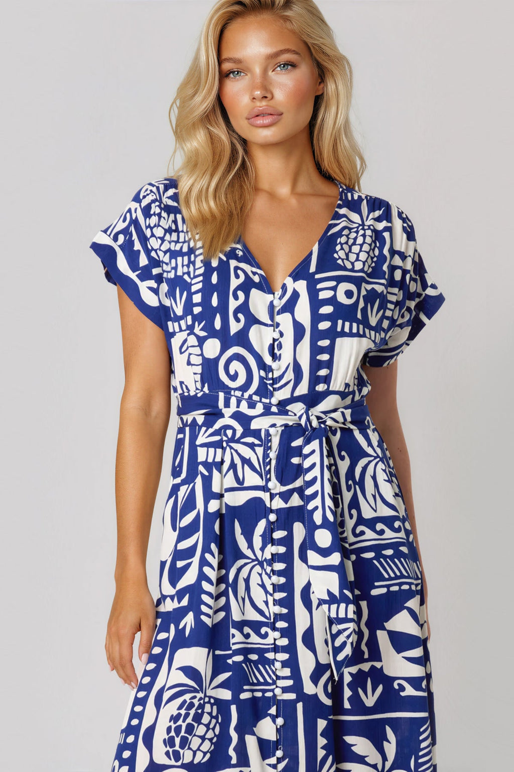 Royal Blue Tropical Print Tie Waist Maxi Dress