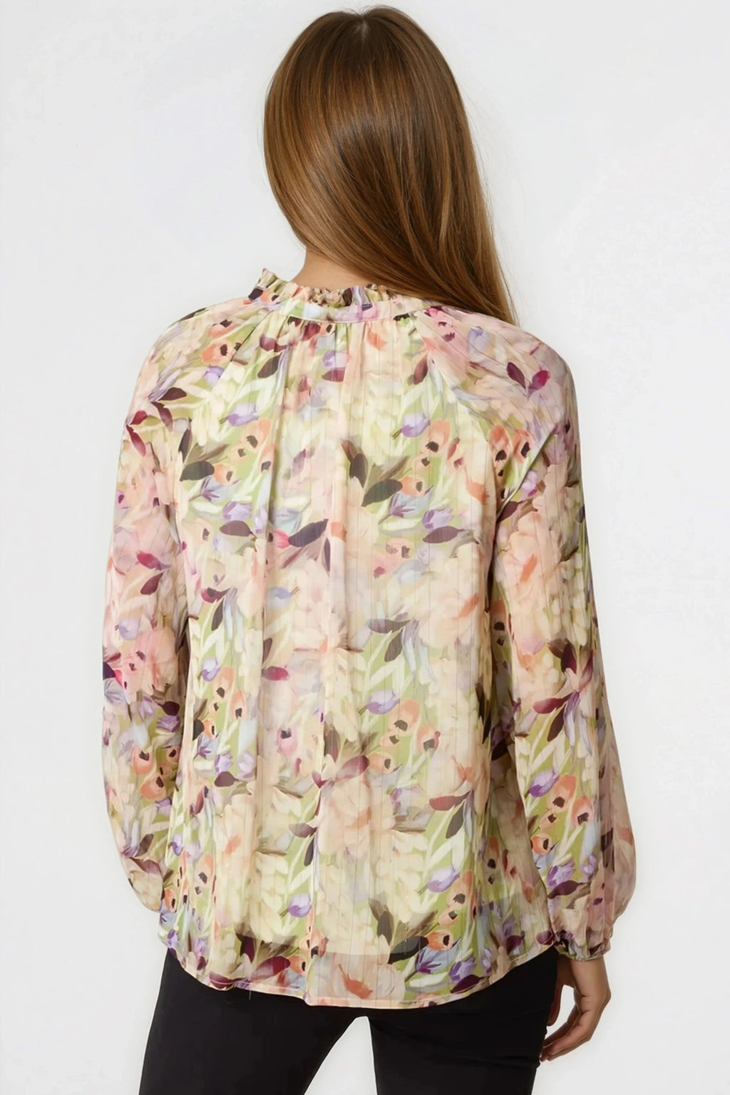 Green Floral Print Tie Neck Blouse