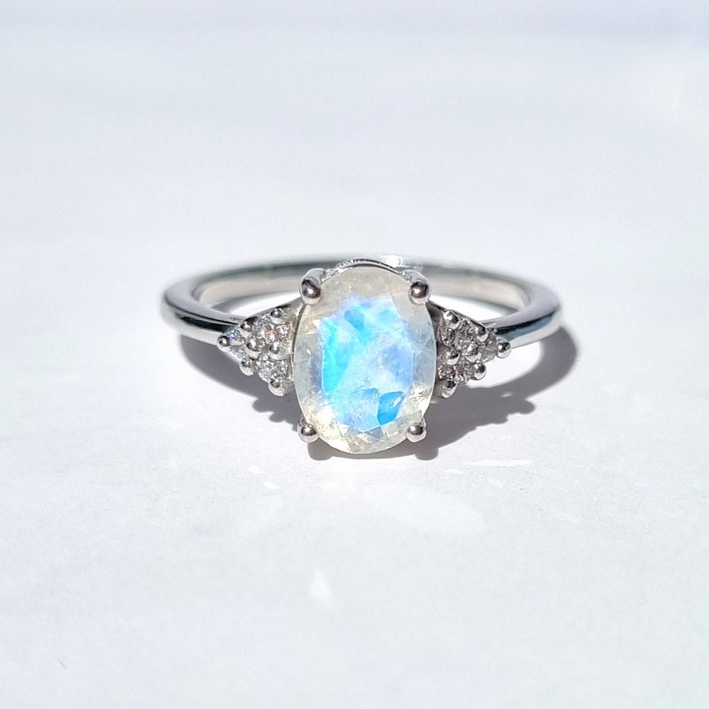 Rainbow Moonstone Ring in Sterling Silver (Oval Cut)