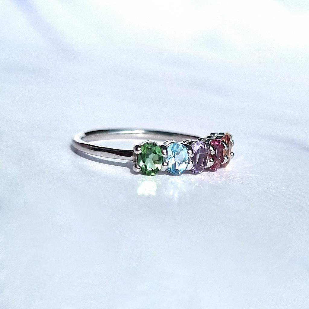 Rainbow Multicoloured Gemstone Half Eternity Ring in Sterling Silver