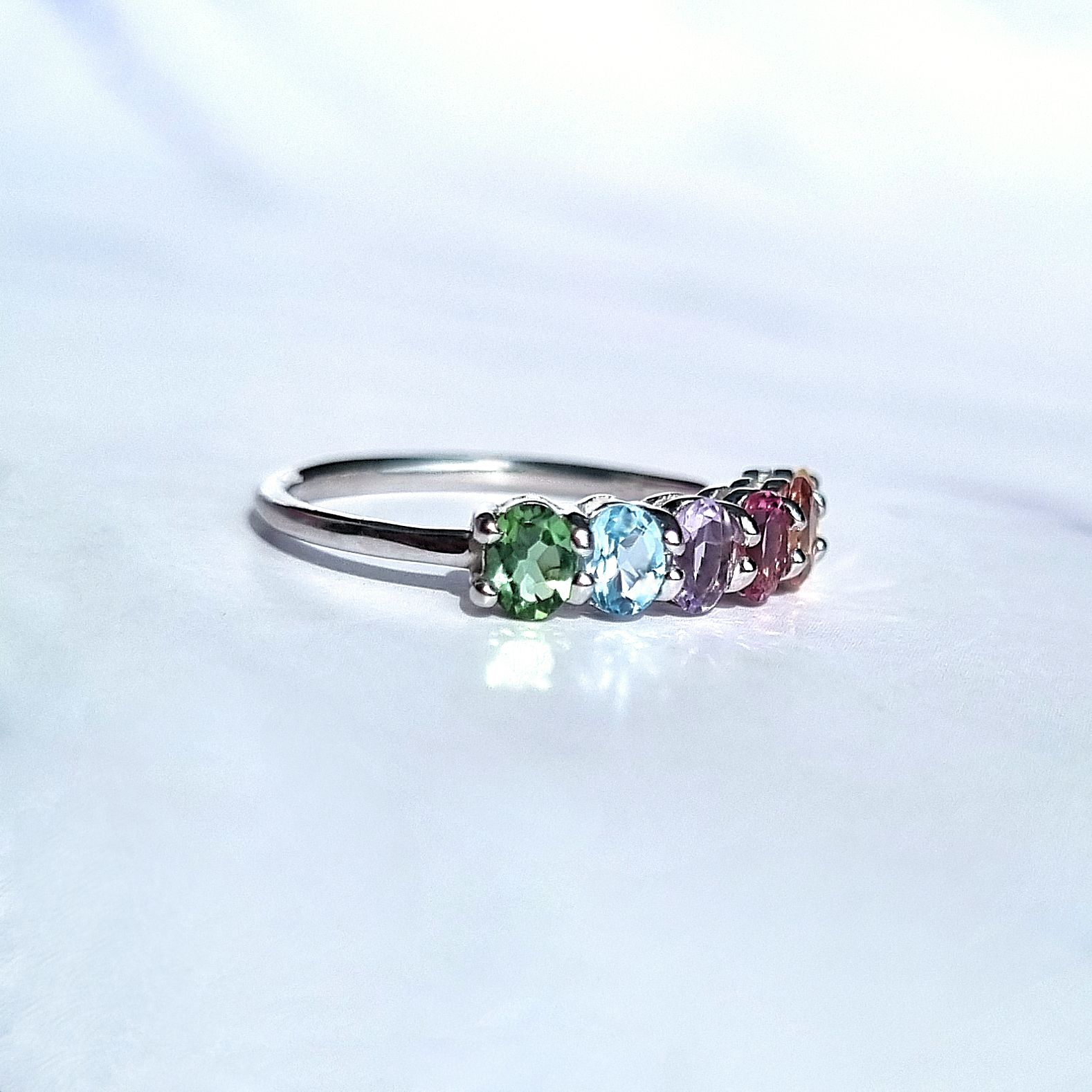 Rainbow Multicoloured Gemstone Half Eternity Ring in Sterling Silver