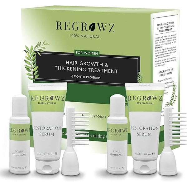 Regrowz Hair Regrowth & Thickening 6 Month Treatment Program For Women 2 x 75ml Scalp Stimulant + 2 x 75ml Restoration Serum