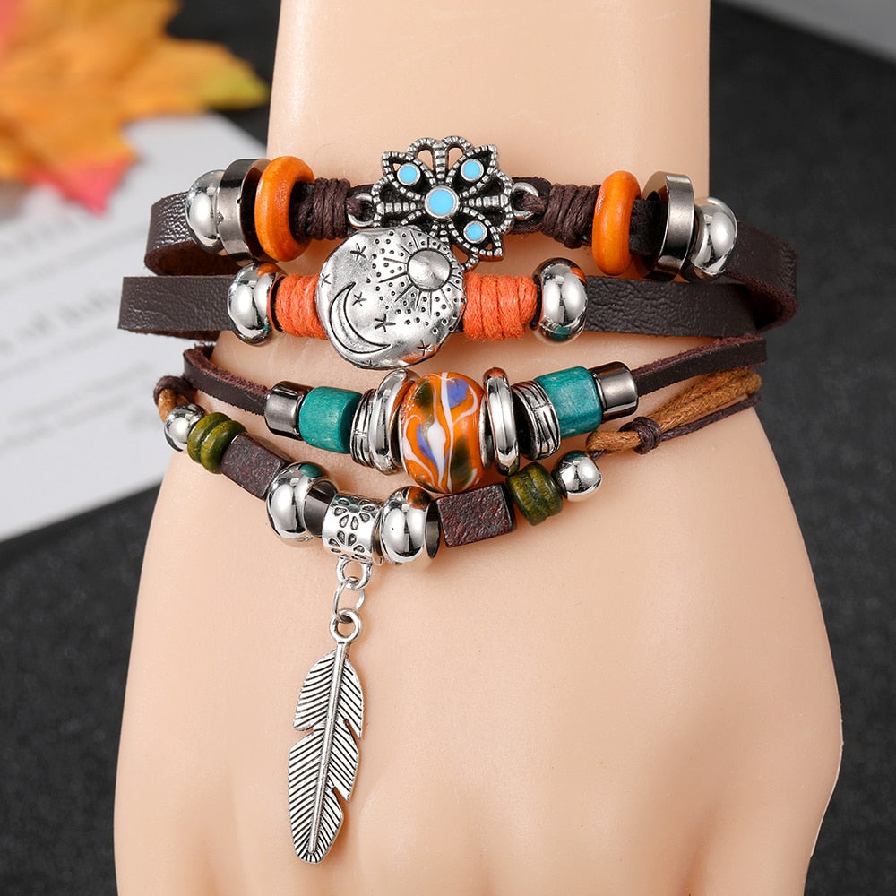 Vintage Gothic Punk Moon Star Metal Multilayer Leather Bracelet Unisex Leaf Bracelets