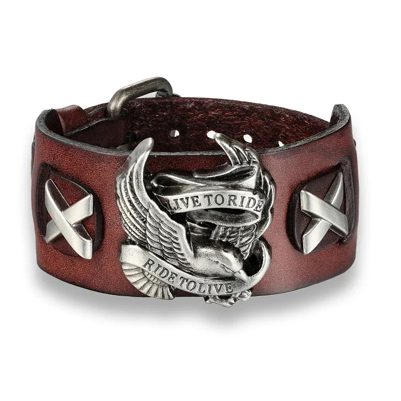 Genuine Leather Ride to live Biker Eagle Bracelets Men Gothic Rock Wide Cuff Wristband