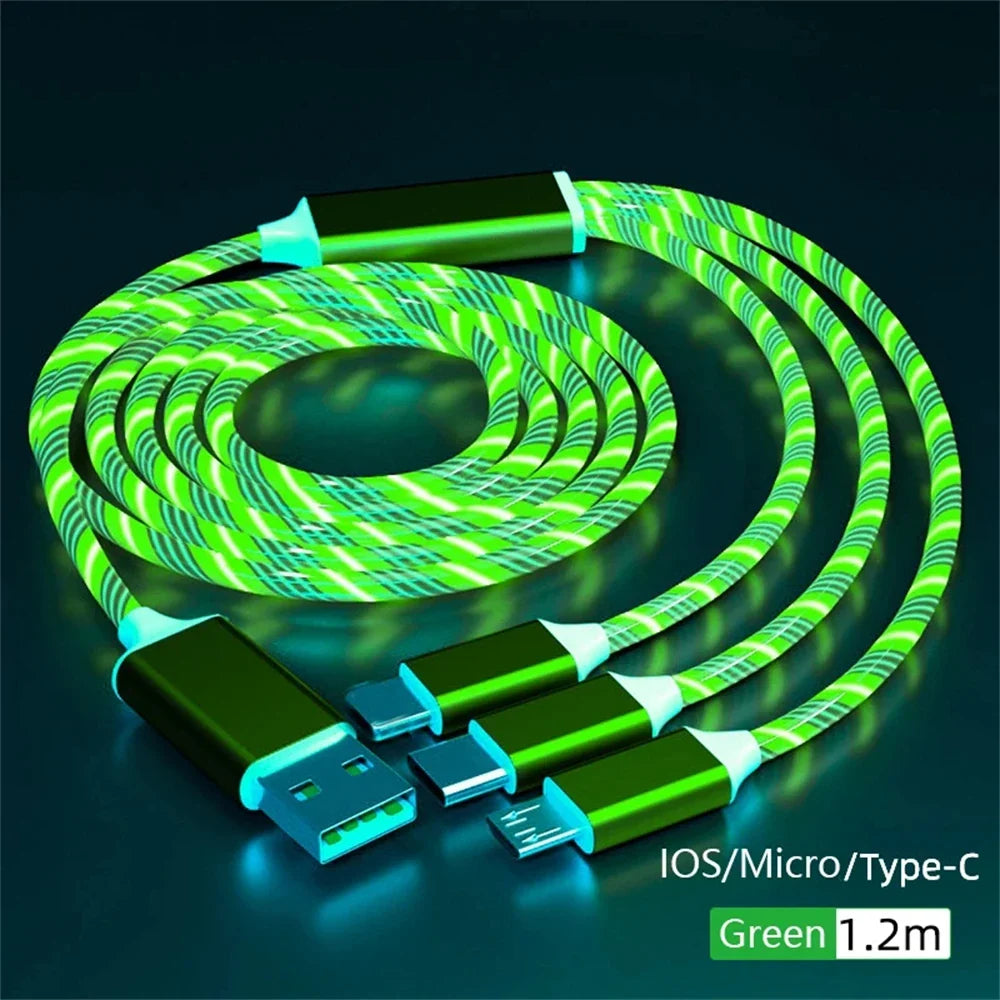 NNBILI Glowing LED Light USB 3 IN 1 cable Phone Fast Charging Charger Luminous Type C Cable For Xiaomi iPhone Phone Accessories