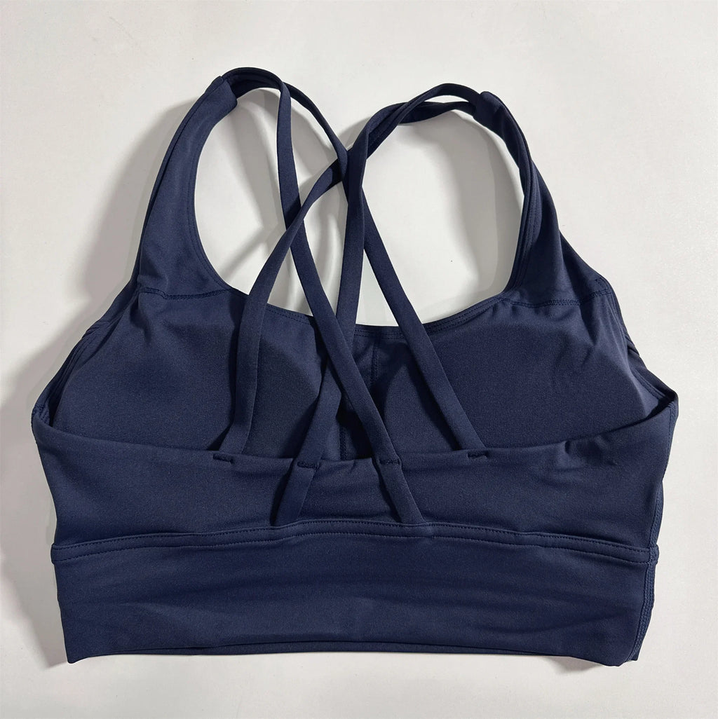 Solid Color Soft Cross Back Women Fitness Bra Tights Yoga Vest High Strength Shockproof Gym Sports Top Push Up With Chest Pad
