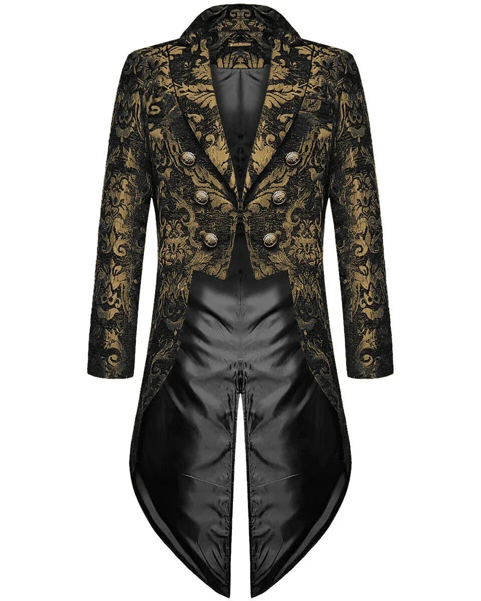 Men's Gothic Victorian Tailcoat – Gold Black Brocade Steampunk Jacket