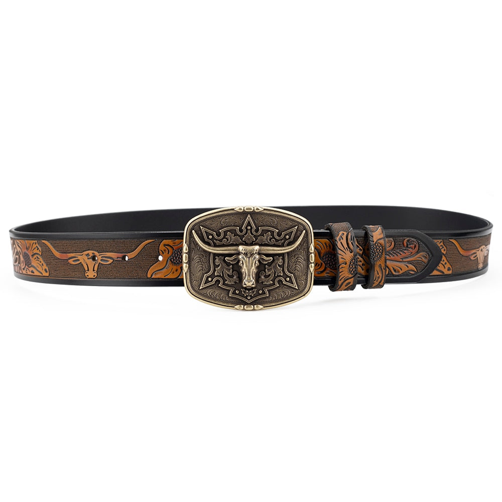 Fashion Men's Belt West Cowboy Genuine Leather Bull Head Buckle