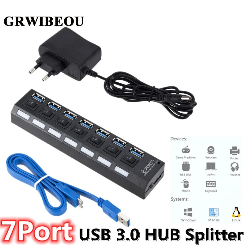 GRWIBEOU USB 3.0 Hub USB Hub 3.0 Use Power Adapter Multi USB Splitter 7 Port Multiple 3 Hab Expander USB Hub with Switch for PC