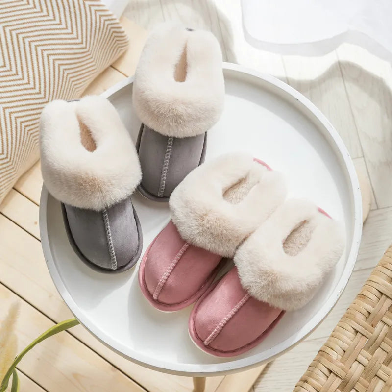 Winter Warm Home Fur Slippers Women Luxury Faux Suede Plush Couple Cotton Shoes Indoor Bedroom Flat Heels Fluffy Slippers
